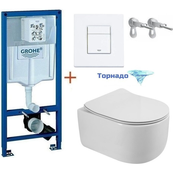 Инсталляция с подвесным унитазом комплект: Grohe Rapid SL с подвесным безободковым унитазом BelBagno Soft-Tor BB084CH-TOR+BB2111SC сиденье микролифт, крепление, кнопка смыва белый матовый, Цвет производителя: белый матовый фото 