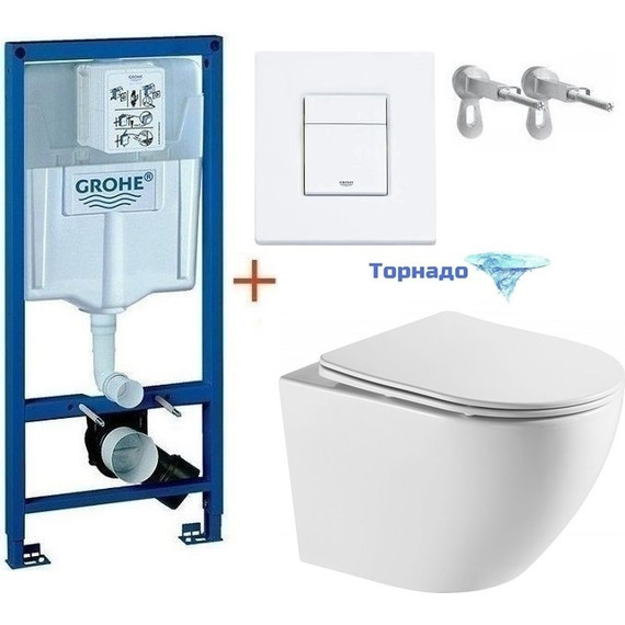 Инсталляция с подвесным унитазом комплект: Grohe Rapid SL с подвесным безободковым унитазом Azario Grado AZ-0046-UQ сиденье микролифт, крепление, кнопка смыва белый матовый, Цвет производителя: белый матовый фото 
