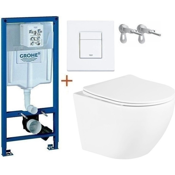 Инсталляция с подвесным унитазом комплект: Grohe Rapid SL с подвесным безободковым унитазом BelBagno Uno BB3105CHR/SC сиденье микролифт, крепление, кнопка смыва белый матовый, Цвет производителя: белый матовый фото 