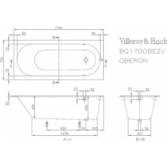 Ванна квариловая Villeroy&Boch Oberon 170x75 см UBQ170OBE2V-01 с ножками, Размер - мм: 1700х750 - 5 Ванна квариловая Villeroy&Boch Oberon 170x75 см UBQ170OBE2V-01 с ножками, Размер - мм: 1700х750 фото 5