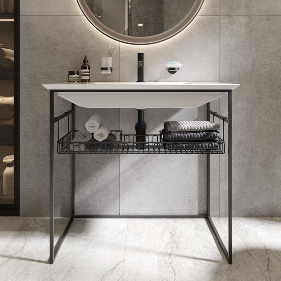 Консоль напольная с раковиной Stworki Мосс 90 см KR-601932, чёрный фото 
