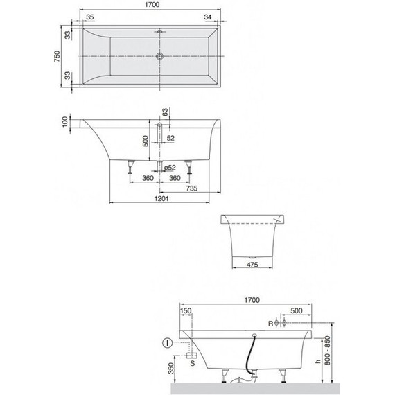 Ванна квариловая V&B Squaro 170х75 см UBQ170SQR2V-01 фото 3