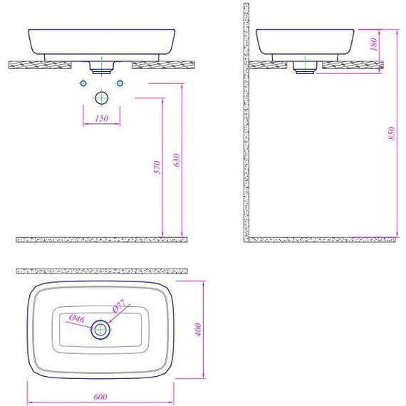 Раковина врезная на столешницу Kale DOVE 60 см - 2 Раковина врезная на столешницу Kale DOVE 60 см фото 2