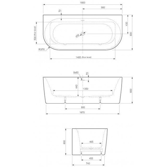 Ванна акриловая Cezares Metauro 180x80 см METAURO-INT-Wall-180-80-60-W-MATT, белый матовый фото 3