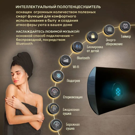 Первый в мире интеллектуальный полотенцесушитель Dagen One 470x145 мм OSB (скрытое подключение) чёрный матовый фото 2