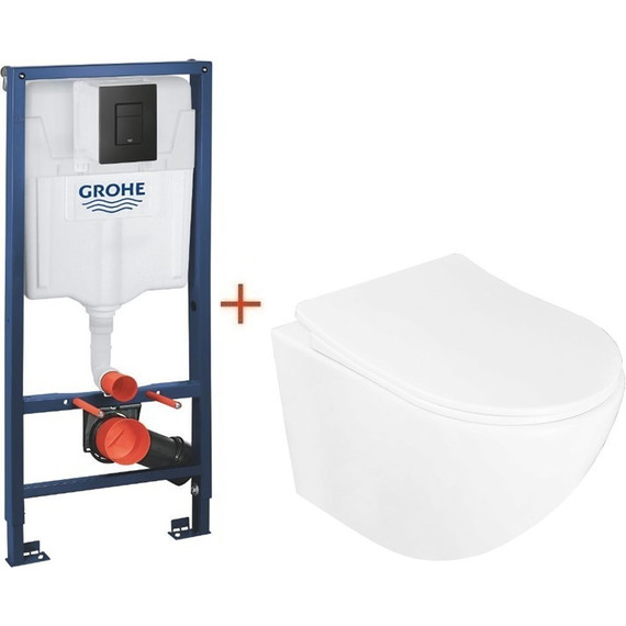Инсталляция с подвесным унитазом комплект: Grohe Solido 38811KF0 с подвесным безободковым унитазом Azario Pro CS-1049SB сиденье микролифт, крепление, кнопка смыва чёрная матовая, Цвет производителя: чёрный матовый фото 