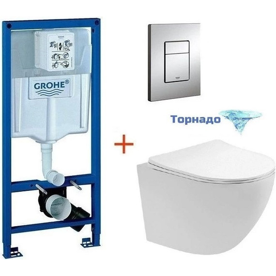 Инсталляция с подвесным унитазом комплект: Grohe Rapid SL 38772001 с подвесным безободковым унитазом Aquatek Европа AQ1900T-00 сиденье микролифт, крепление, кнопка смыва хром (Система смыва торнадо), Цвет производителя: белый фото 