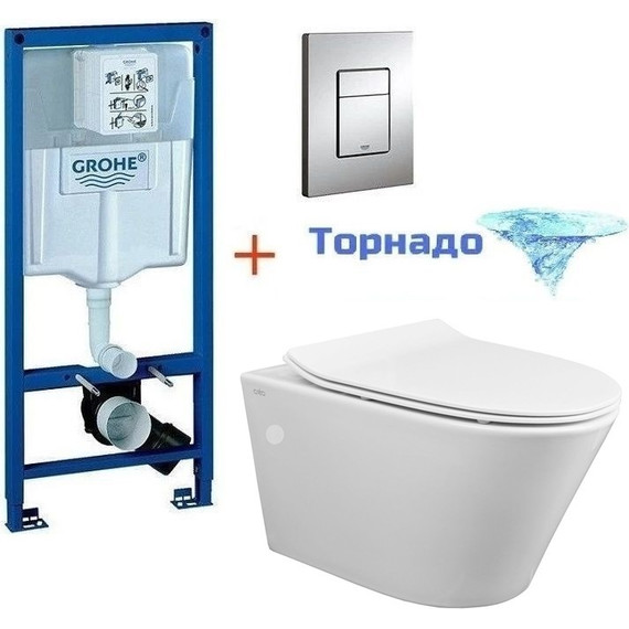Инсталляция с подвесным унитазом комплект: Grohe Rapid SL 38772001 с подвесным безободковым унитазом Creo Ceramique Tornado CR1100NR сиденье микролифт, крепление, кнопка смыва хром (Система смыва торнадо), Цвет производителя: белый фото 