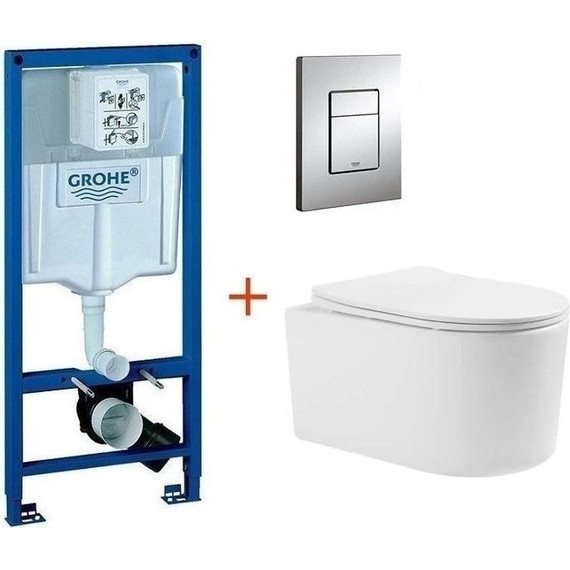 Инсталляция с подвесным унитазом комплект: Grohe Rapid SL 38772001 с подвесным безободковым унитазом Aquatek Мия AQ2004-00 сиденье микролифт, крепление, кнопка смыва хром фото 