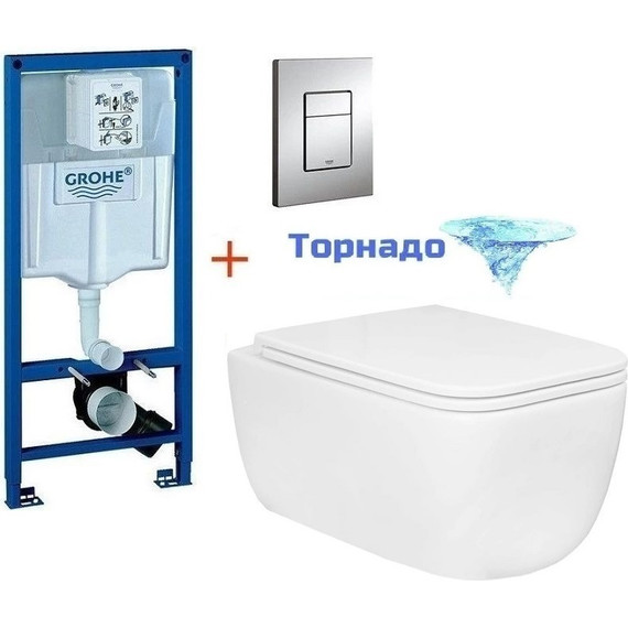 Инсталляция с подвесным унитазом комплект: Grohe Rapid SL 38772001 с подвесным безободковым унитазом Azario Flavia AZ-0076-UQ1 сиденье микролифт, крепление, кнопка смыва хром (Система смыва торнадо) фото 