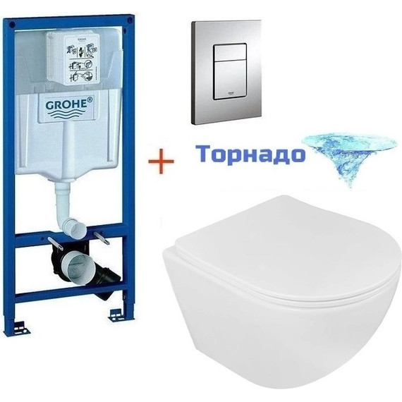 Инсталляция с подвесным унитазом комплект: Grohe Rapid SL 38772001 с подвесным безободковым унитазом Loranto Ester 87265 сиденье микролифт, крепление, кнопка смыва хром (Система смыва торнадо), Цвет производителя: белый фото 