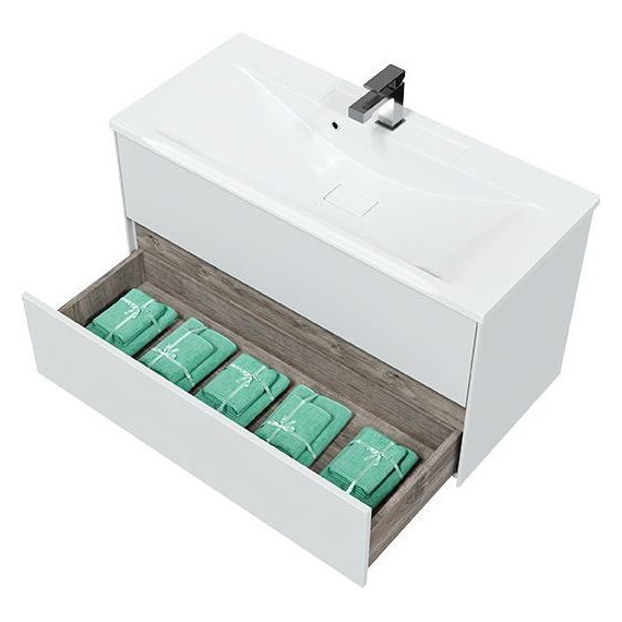 Тумба подвесная с раковиной Mirsant Ultra 100 см (раковина More 100), белый глянцевый фото 5