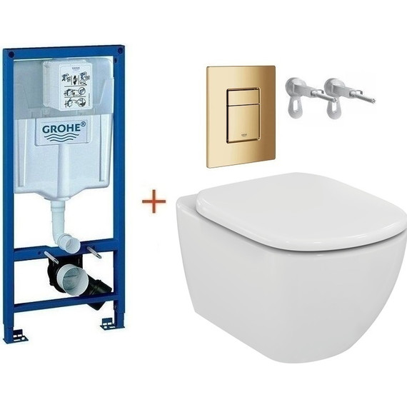 Инсталляция с подвесным унитазом комплект: Grohe Rapid SL 38772001+38732GL0 с подвесным безободковым унитазом Ideal Standard Tesi AquaBlade T007901 сиденье микролифт, крепление, кнопка смыва золото глянцевое, Цвет производителя: золото глянцевое фото 