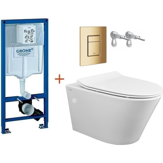 Инсталляция с подвесным унитазом комплект:  Grohe Rapid SL с подвесным безободковым унитазом Creo Ceramique Tornado CR1100NR сиденье микролифт, крепление, кнопка смыва золото глянцевое, Цвет производителя: золото глянцевое фото 