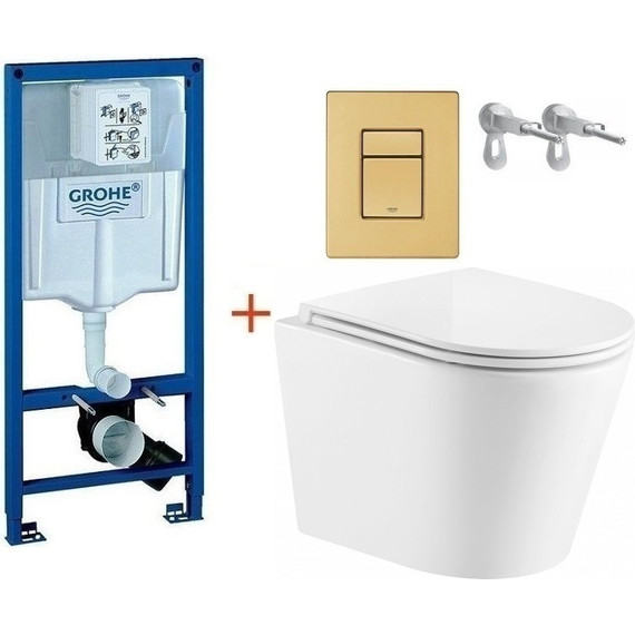 Инсталляция с подвесным унитазом комплект:  Grohe Rapid SL с подвесным безободковым унитазом Azario Fonti AZ-402W сиденье микролифт, крепление, кнопка смыва золото матовое, Цвет производителя: золото матовое фото 