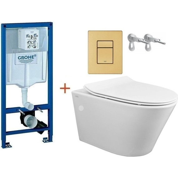 Инсталляция с подвесным унитазом комплект:  Grohe Rapid SL с подвесным безободковым унитазом Creo Ceramique Tornado CR1100NR сиденье микролифт, крепление, кнопка смыва золото матовое, Цвет производителя: золото матовое фото 