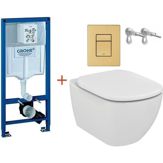 Инсталляция с подвесным унитазом комплект:  Grohe Rapid SL с подвесным безободковым унитазом Ideal Standard Tesi AquaBlade T007901 сиденье микролифт, крепление, кнопка смыва золото матовое, Цвет производителя: золото матовое фото 