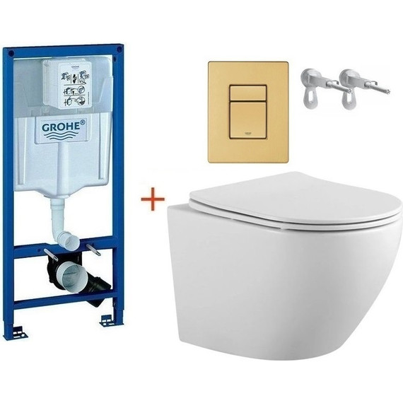 Инсталляция с подвесным унитазом комплект:  Grohe Rapid SL с подвесным безободковым унитазом Aquatek Европа AQ1901-00 сиденье микролифт, крепление, кнопка смыва золото матовое, Цвет производителя: золото матовое фото 