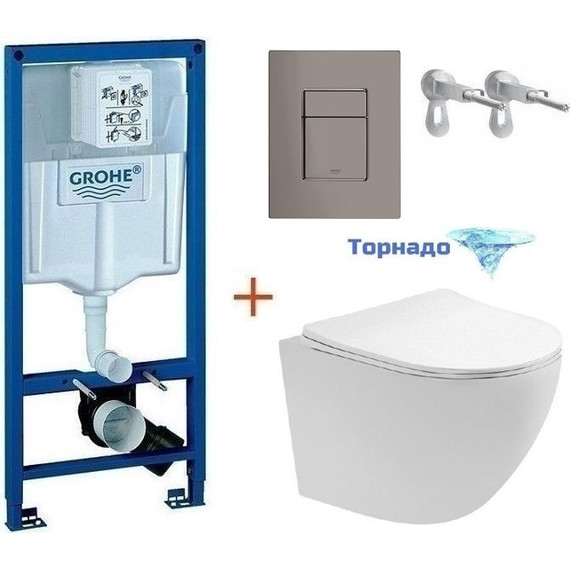 Инсталляция с подвесным унитазом комплект: Grohe Rapid SL 38772001+38732A00 с подвесным безободковым унитазом Aquatek Европа AQ1900T-00 сиденье микролифт, крепление, кнопка смыва графит глянцевый (система смыва Торнадо), Цвет производителя: графит глянцевый фото 