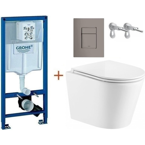 Инсталляция с подвесным унитазом комплект:  Grohe Rapid SL с подвесным безободковым унитазом Azario Fonti AZ-402W сиденье микролифт, крепление, кнопка смыва графит глянцевый, Цвет производителя: графит глянцевый фото 
