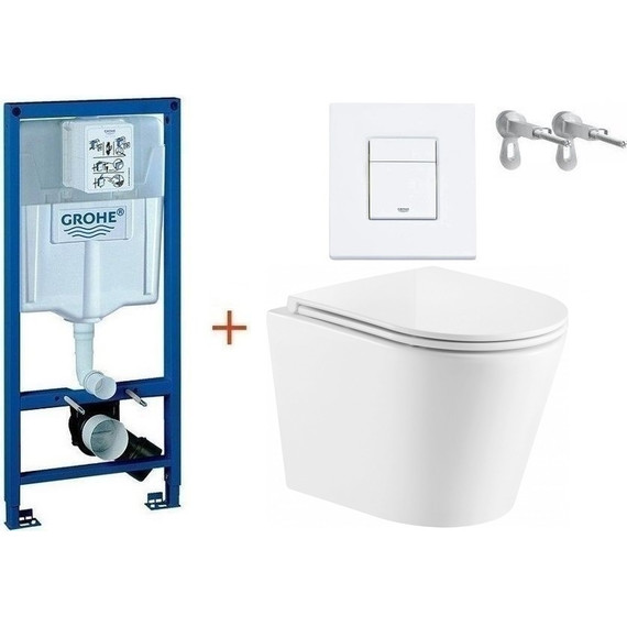 Инсталляция с подвесным унитазом комплект:  Grohe Rapid SL с подвесным безободковым унитазом Azario Fonti AZ-402W сиденье микролифт, крепление, кнопка смыва белый матовый, Цвет производителя: белый матовый фото 