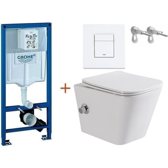 Инсталляция с подвесным унитазом комплект:  Grohe Rapid SL с подвесным безободковым унитазом-биде BelBagno Due BB3103CHR-BS/SC сиденье микролифт, крепление, кнопка смыва белый матовый, Цвет производителя: белый матовый фото 