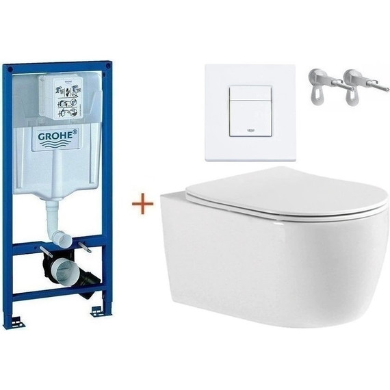 Инсталляция с подвесным унитазом комплект:  Grohe Rapid SL с подвесным безободковым унитазом Aquatek Европа AQ1106-00 сиденье микролифт, крепление, кнопка смыва белый матовый, Цвет производителя: белый матовый фото 