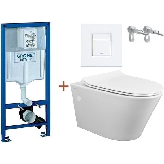Инсталляция с подвесным унитазом комплект:  Grohe Rapid SL с подвесным безободковым унитазом Creo Ceramique Tornado CR1100NR сиденье микролифт, крепление, кнопка смыва белый матовый, Цвет производителя: белый матовый фото 
