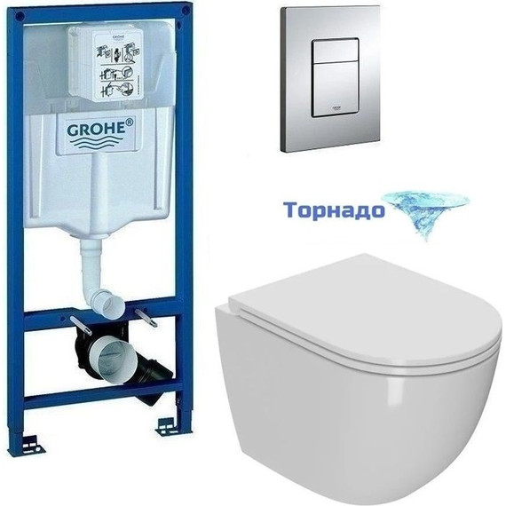 Инсталляция с подвесным унитазом комплект: Grohe Rapid SL 38772001 с подвесным безободковым унитазом Sintesi Evi SIN-TS-EVI-152 сиденье микролифт, крепление, кнопка смыва хром (система смыва Торнадо) фото 