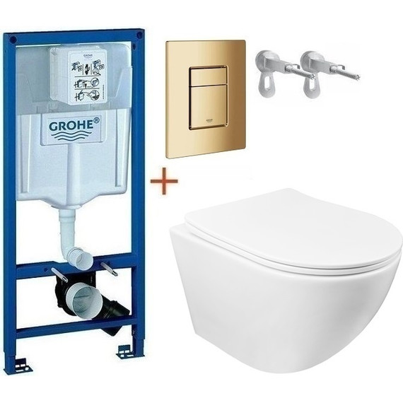 Инсталляция с подвесным унитазом комплект: Grohe Rapid SL с подвесным безободковым унитазом Azario Grado AZ-0046 SP сиденье микролифт, крепление, кнопка смыва золото глянцевое, Цвет производителя: золото глянцевое фото 