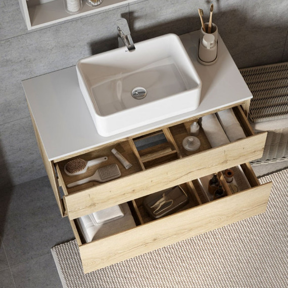 Тумба подвесная со столешницей Акватон Либерти 100 см 1A279601LYC70, дуб эльвезия/белый глянец фото 2