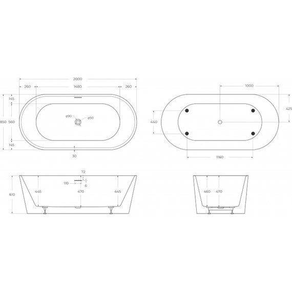 Ванна отдельностоящая BelBagno 200x85 см BB416-2000-850, Размер - мм: 2000х850 фото 5