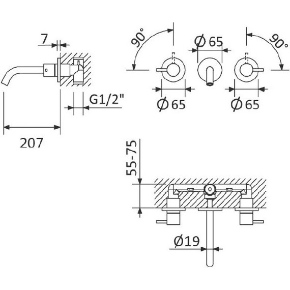 Смеситель для раковины настенный Cezares LEAF-BLI3L-20-L-01-W0 (со скрытой частью) фото 7