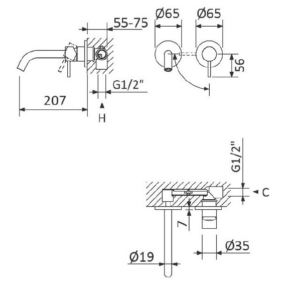 Смеситель для раковины настенный Cezares LEAF-BLI2-20-L-NOP (со скрытой частью) чёрный матовый фото 7