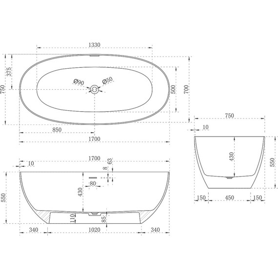 Ванна отдельностоящая Solid Surface Vincea 170x75 см VBT-6S01MG, серый/белый матовый фото 4