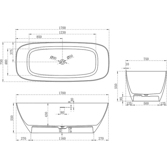 Ванна отдельностоящая Solid Surface Vincea 170x72 см VBT-6S02MW, белый матовый фото 4