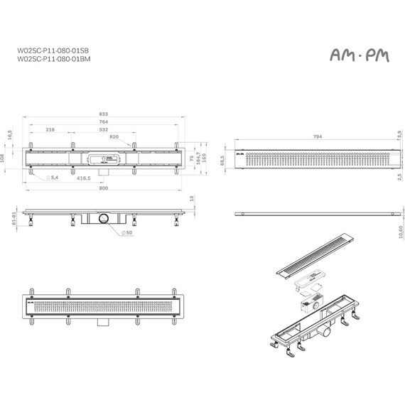 Душевой трап (лоток) 80 AM.PM PrimeFlow W02SC-P11-080-01SB комбинированный затвор со стальной матовой решеткой фото 12