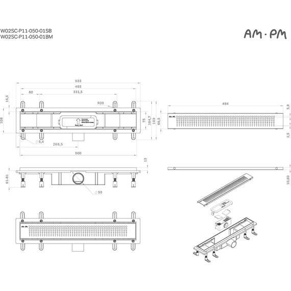 Душевой трап (лоток) 50 AM.PM PrimeFlow W02SC-P11-050-01BM комбинированный затвор с черной матовой решеткой, Цвет производителя: чёрный, Размер трапа: 500 фото 12