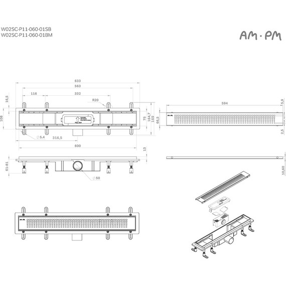 Душевой трап (лоток) 60 AM.PM PrimeFlow W02SC-P11-060-01BM комбинированный затвор с черной матовой решеткой фото 12