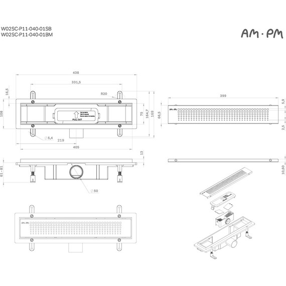 Душевой трап (лоток) 40 AM.PM PrimeFlow W02SC-P11-040-01SB комбинированный затвор со стальной матовой решеткой, Цвет производителя: хром, Размер трапа: 400 фото 12
