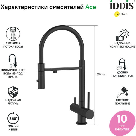 Смеситель для кухни Iddis Ace ACEBLFFi05, черный матовый фото 5