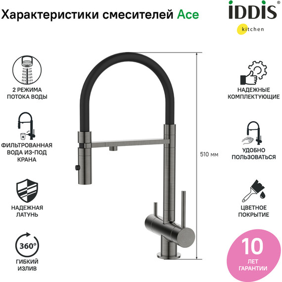 Смеситель для кухни Iddis Ace ACEGMFFi05, графит/чёрный - 4 Смеситель для кухни Iddis Ace ACEGMFFi05, графит/чёрный фото 4