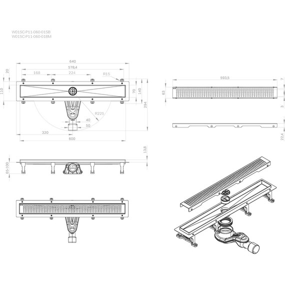 Душевой трап (лоток) 60 AM.PM MasterFlow W01SC-P11-060-01BM комбинированный затвор с черной матовой решеткой, Цвет производителя: чёрный, Размер трапа: 600 фото 12