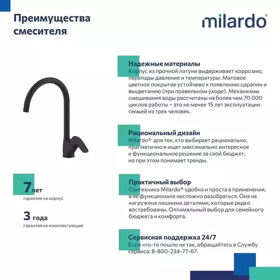 Смеситель для кухни Milardo Rora RORBL0JM05, чёрный матовый фото 6