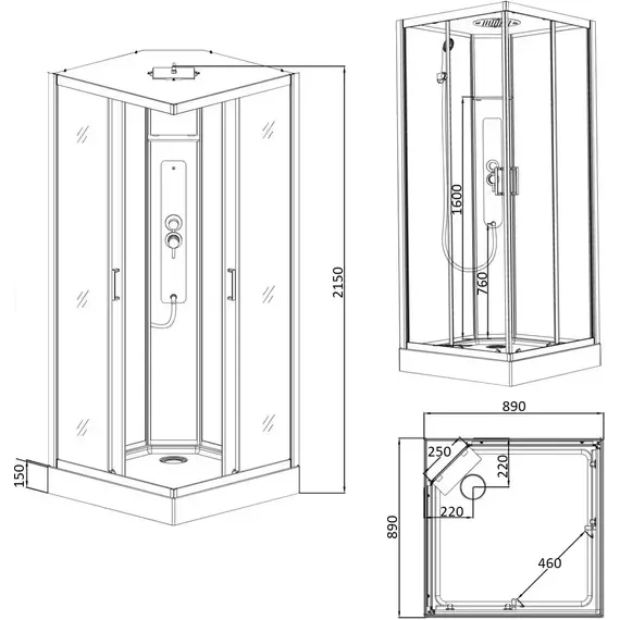 Душевая кабина Parly 90х90 см AMI Quadro, чёрный/прозрачное фото 5