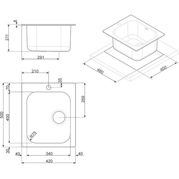 Кухонная мойка Smeg VS34/P3 42, 0,7 мм нержавеющая сталь фото 2