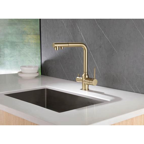 Смеситель для кухни Abber Emotion AF8814G, с подключением фильтра и выдвижной лейкой, золото матовый, Цвет производителя: золото матовое фото 2