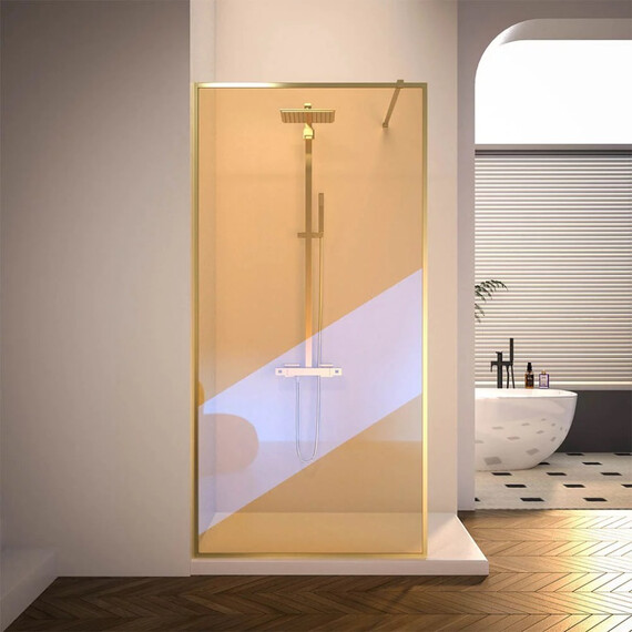 Душевая перегородка Veconi Korato 90 см KR81GС-90-09-C4 (стекло 8 мм) с кронштейном в комплекте, золото/тонированное фото 