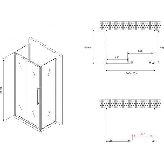 Душевое ограждение Abber Schwarzer Diamant 100x75 см AG30100MH-S75M-S75M, хром/матовое фото 5