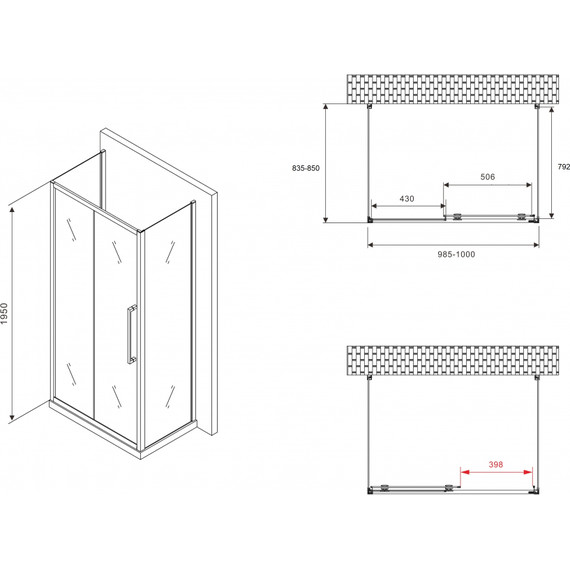Душевое ограждение Abber Schwarzer Diamant 100x85 см AG30100MH-S85M-S85M, хром/матовое фото 5
